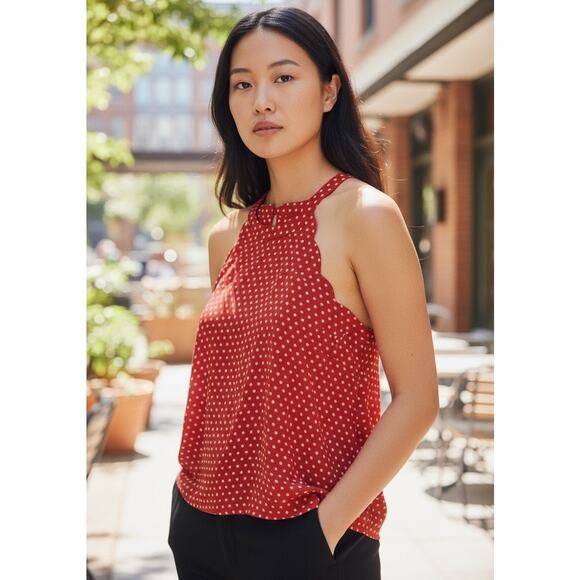 Monteau Red White Polka Dot Halter Neckline Top Scalloped Edge Preppy Cute XL - Picture 1 of 7